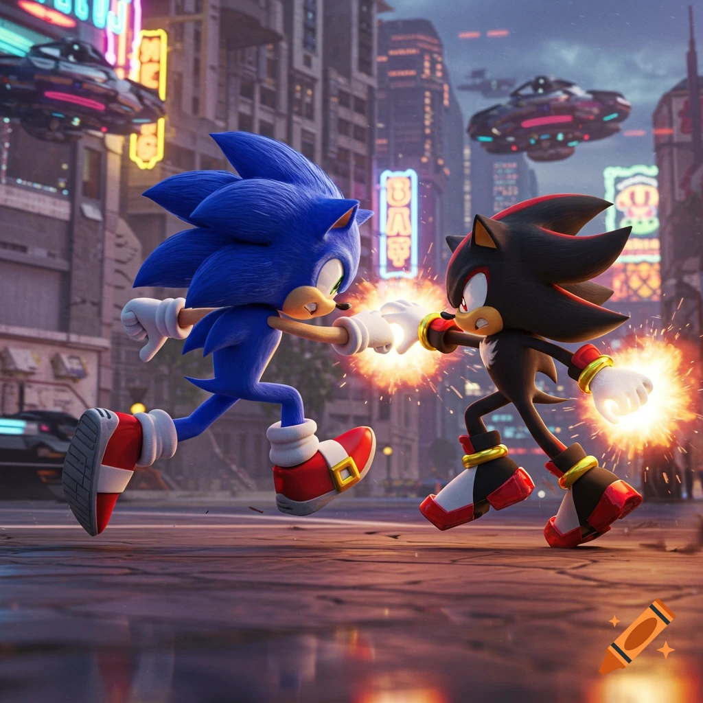 Sonic and Shadow fighting in a futuristic city with neon lights and UFOs.