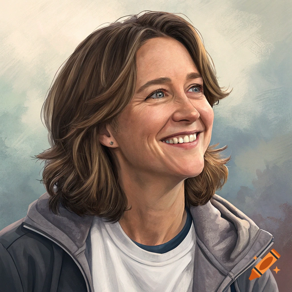 A smiling woman looking up, wearing a hooded jacket.