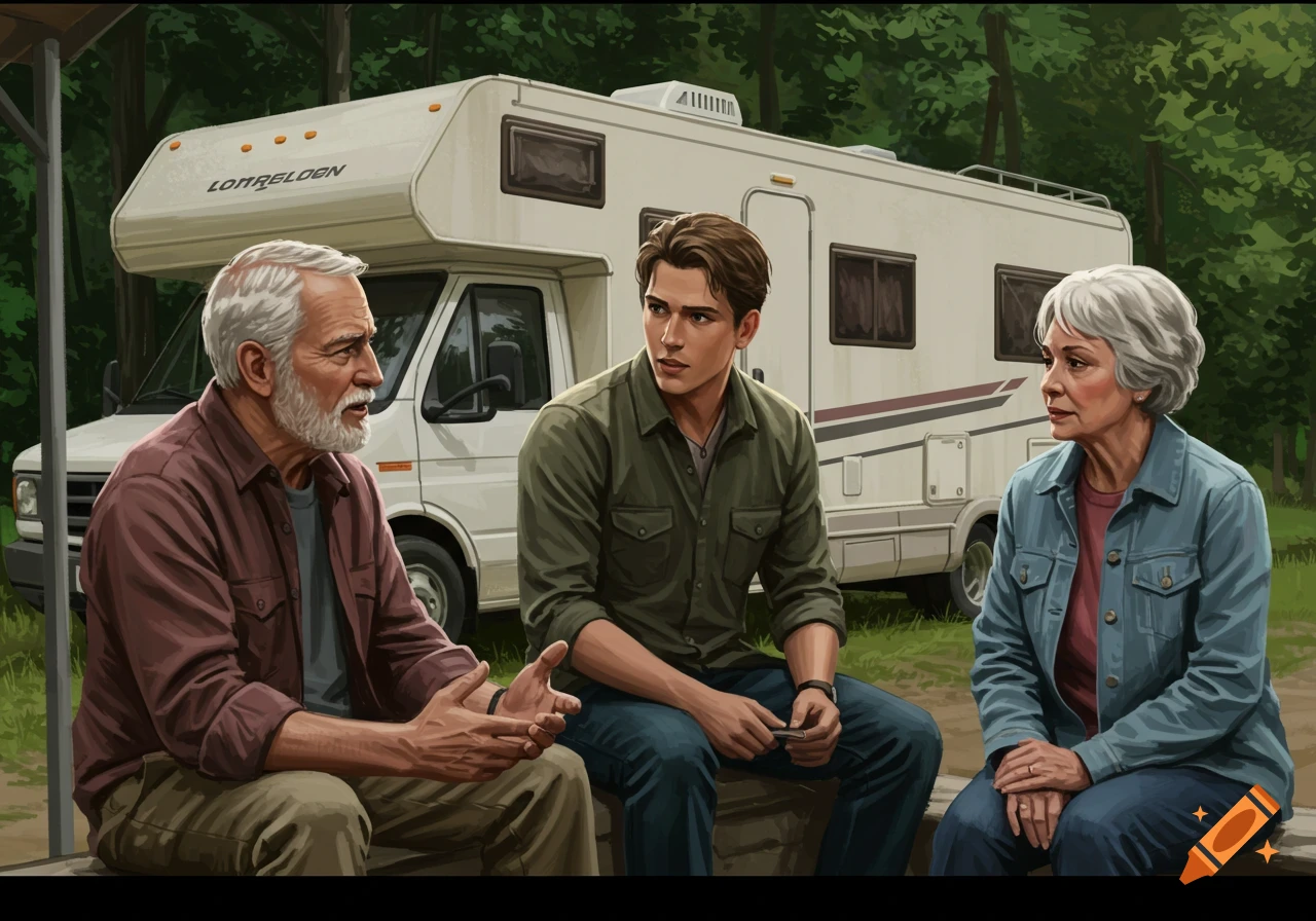 Three people talking next to an RV in a wooded setting.