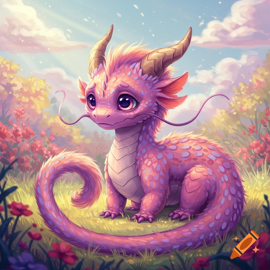A cute pink and purple dragon with large eyes sits in a meadow.