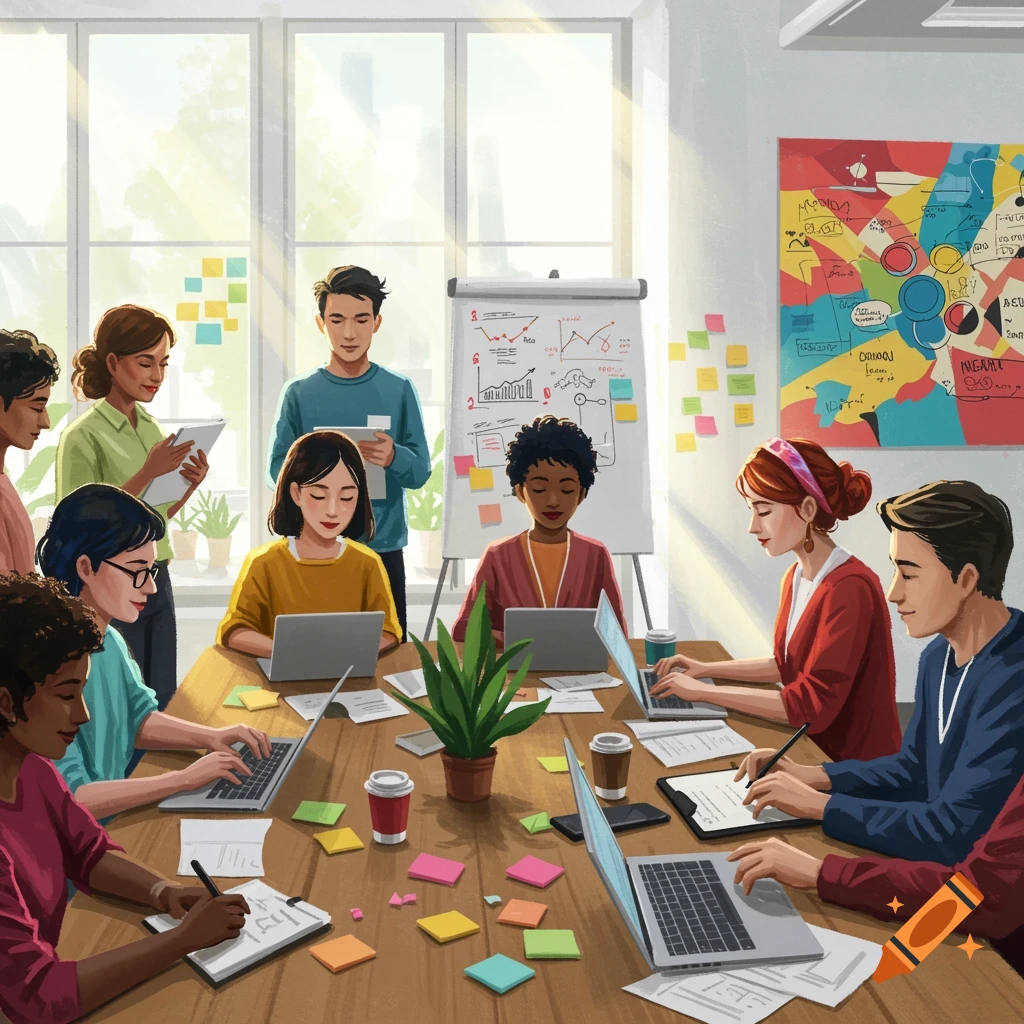 Diverse group of people working and collaborating around a large table in a bright co-working space.