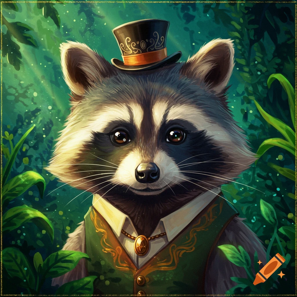 A raccoon wearing a suit and top hat, standing in a forest.