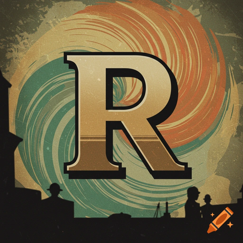 A large, vintage-style capital letter R centered on a textured background with swirling patterns and dark silhouettes of people.