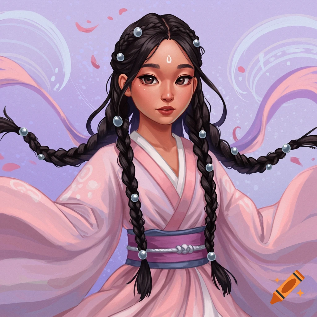 A girl with braided hair wears a pink traditional dress, with flowing ribbons and petals in the background.