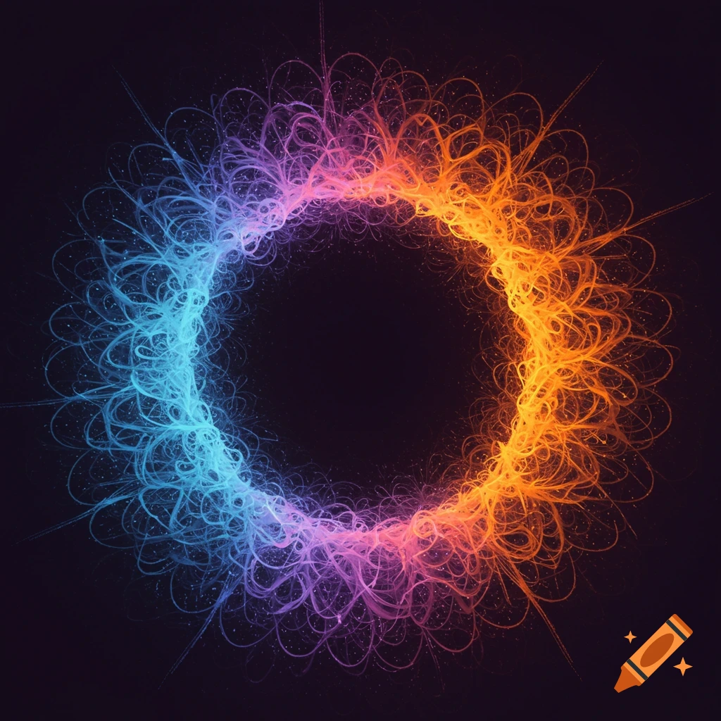 A ring of swirling blue, purple, and orange lines on a dark background.
