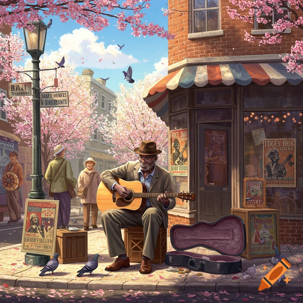 A blues musician plays guitar on a street corner with cherry blossoms and pigeons.
