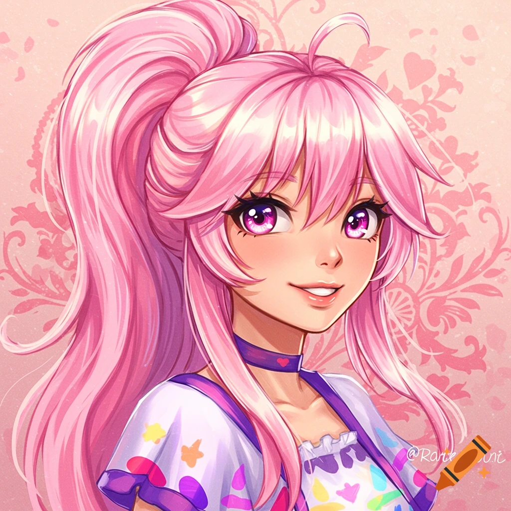 A pink-haired anime girl with a high ponytail and purple eyes.