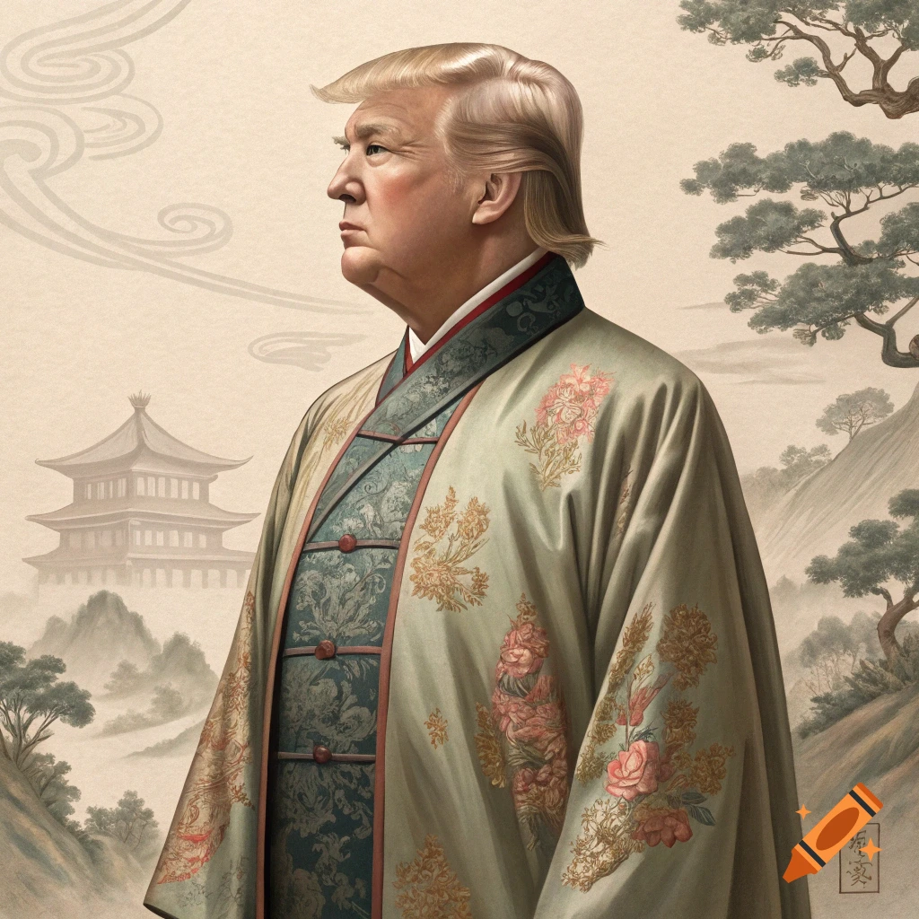 Painting of Donald Trump in traditional Chinese clothing in a landscape with a pagoda.