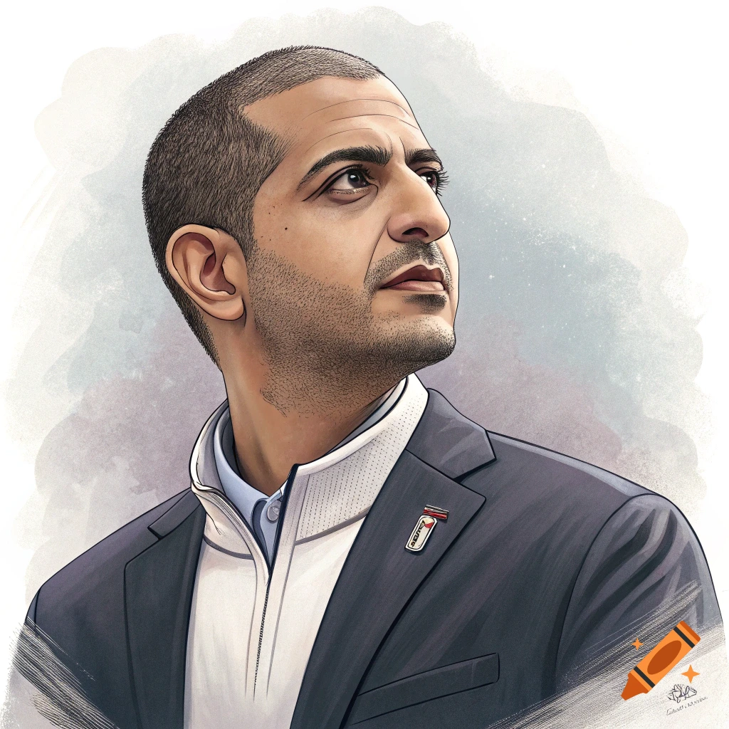 An illustrative portrait of a man in a suit jacket looking upwards.