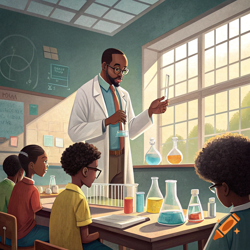 A science teacher in a lab coat shows a test tube to a class of diverse students in a sunlit classroom.