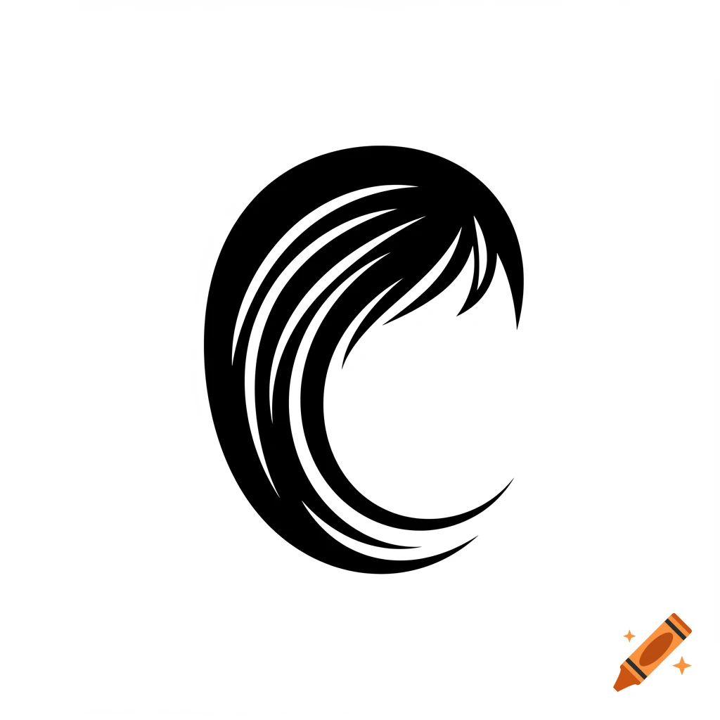 Black and white vector illustration of stylized hair forming the letter C