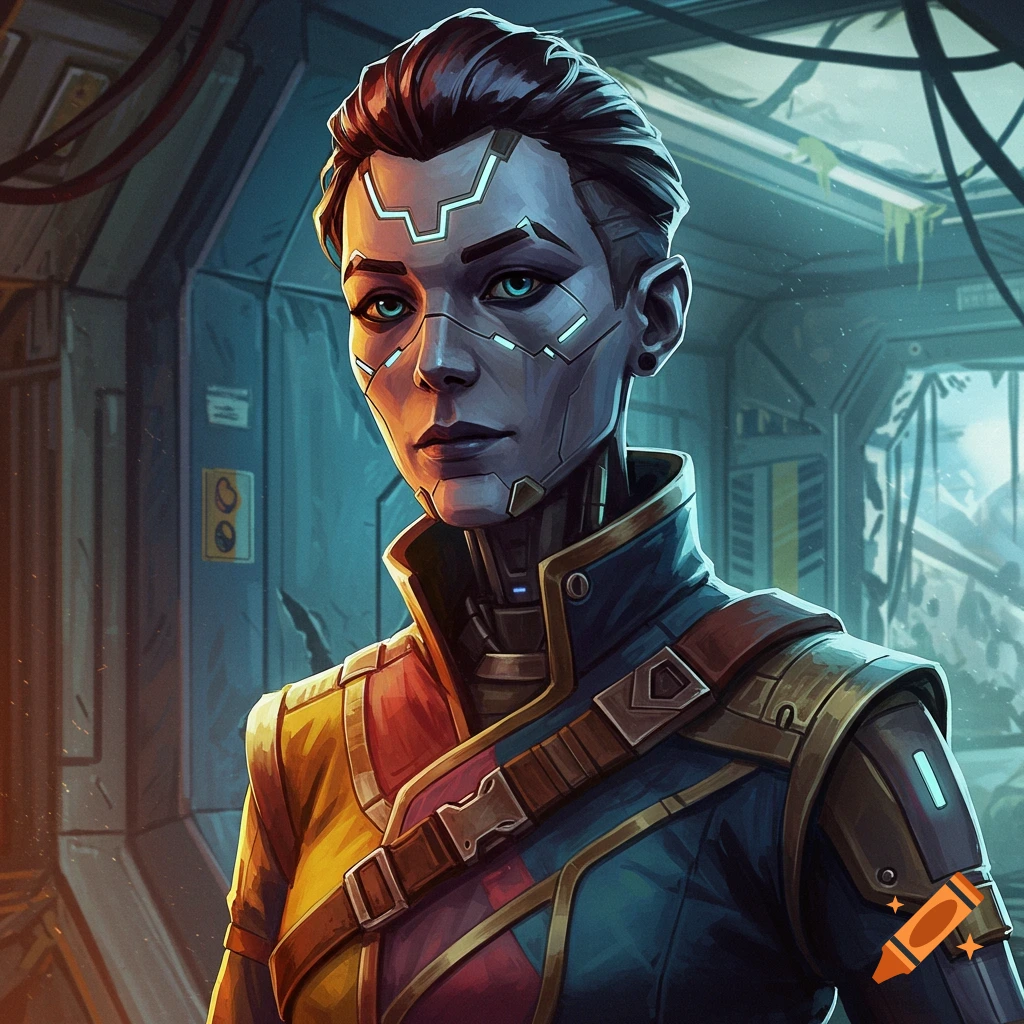 A portrait of a person with cybernetic implants in a sci-fi setting.