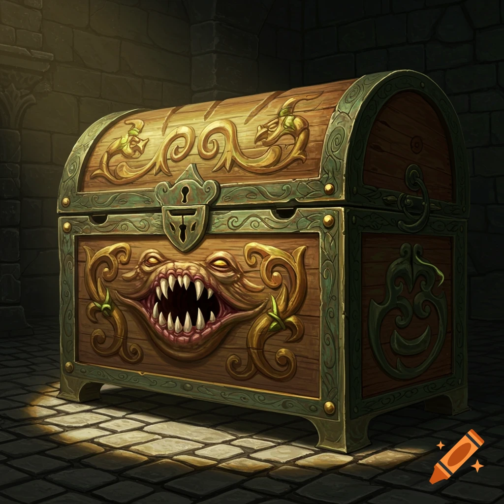 A D&D mimic chest with glowing eyes and sharp teeth sits in a stone dungeon.