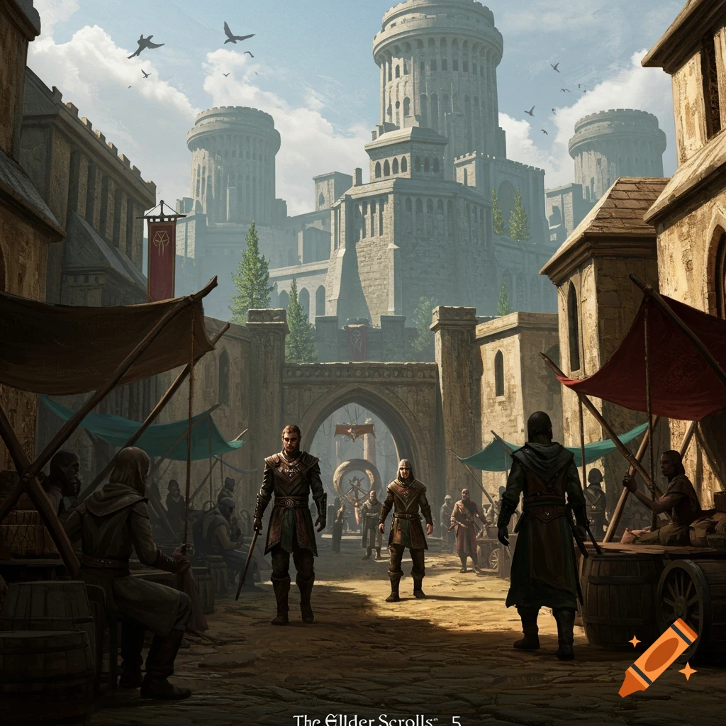 Figures in a fantasy city street with a large castle in the background.