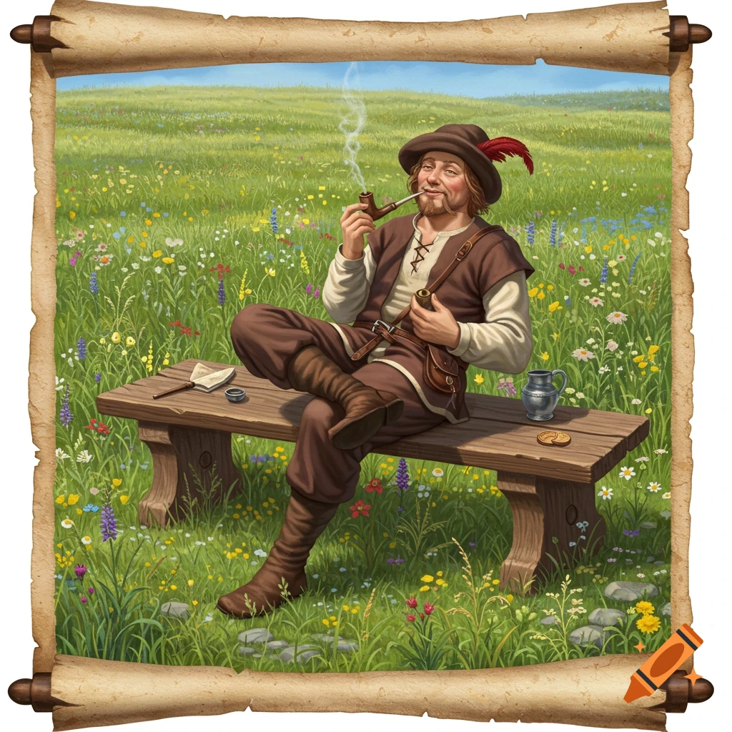 Medieval man smoking pipe on bench in flowery field, painted scroll style.