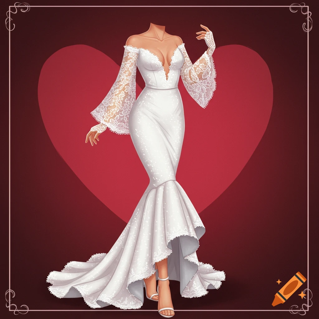 A white mermaid wedding dress with lace sleeves and gloves against a red heart background.