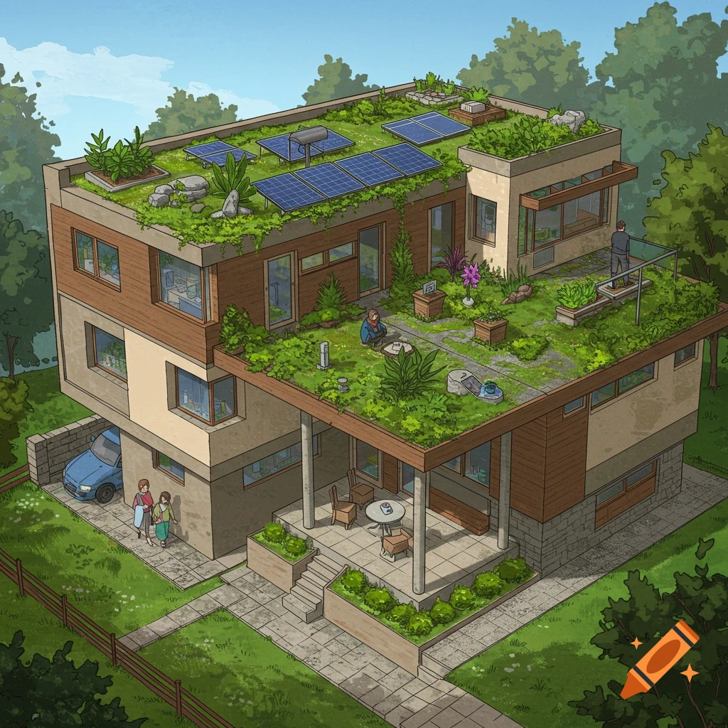 A modern house with a large green roof, solar panels, and people.