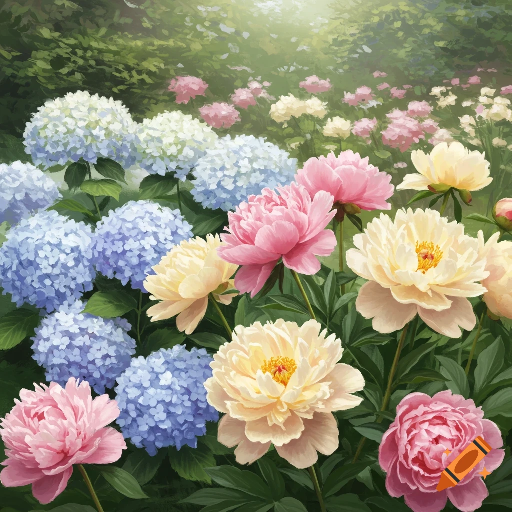 A lush garden filled with pink, cream, and yellow peonies alongside blue and white hydrangeas.