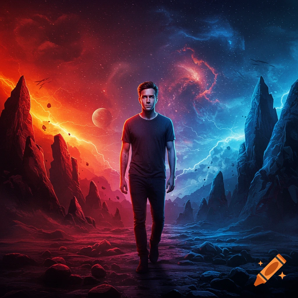Man walks through dramatic red and blue alien landscape under a cosmic sky.