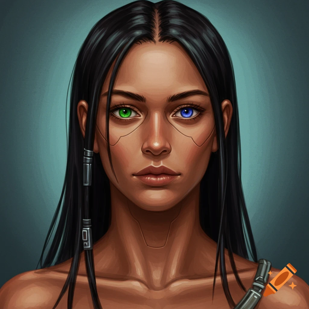 A futuristic woman with striking green and blue eyes. Cybernetic details adorn her face and body, hinting at advanced technology integrated with her being.