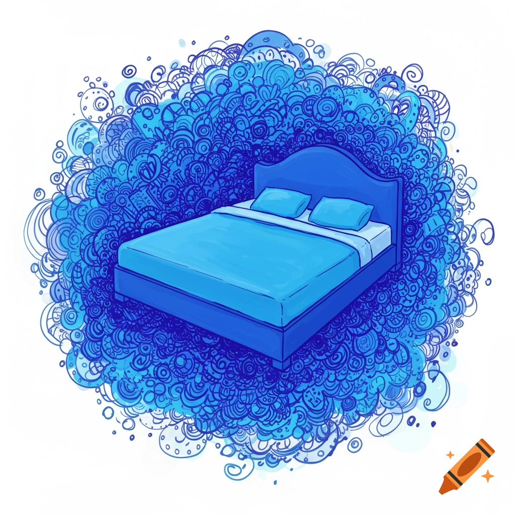 Digital illustration of a blue bed surrounded by dense organic blue doodles on a white background.