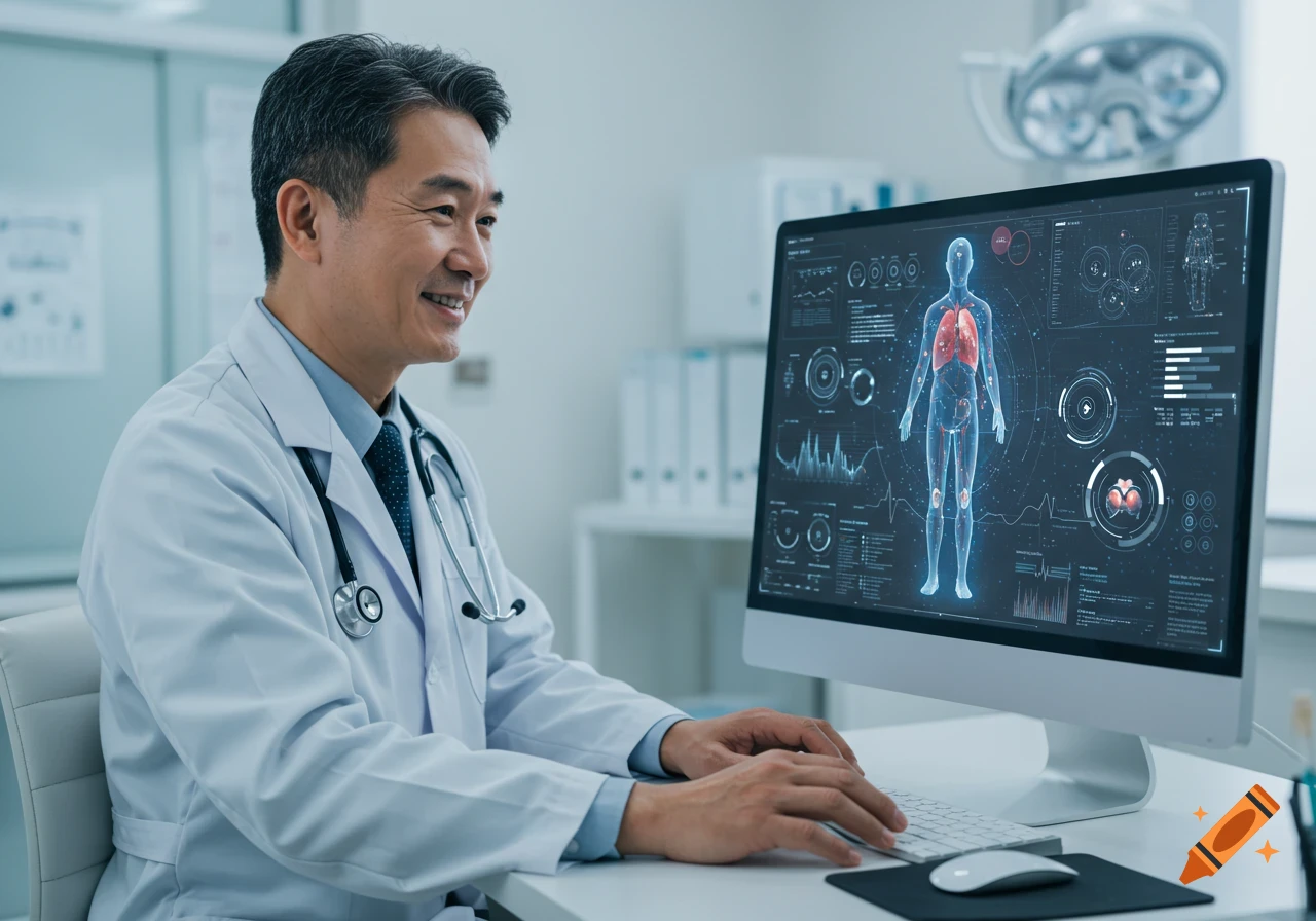 A doctor views health analytics on a computer screen.