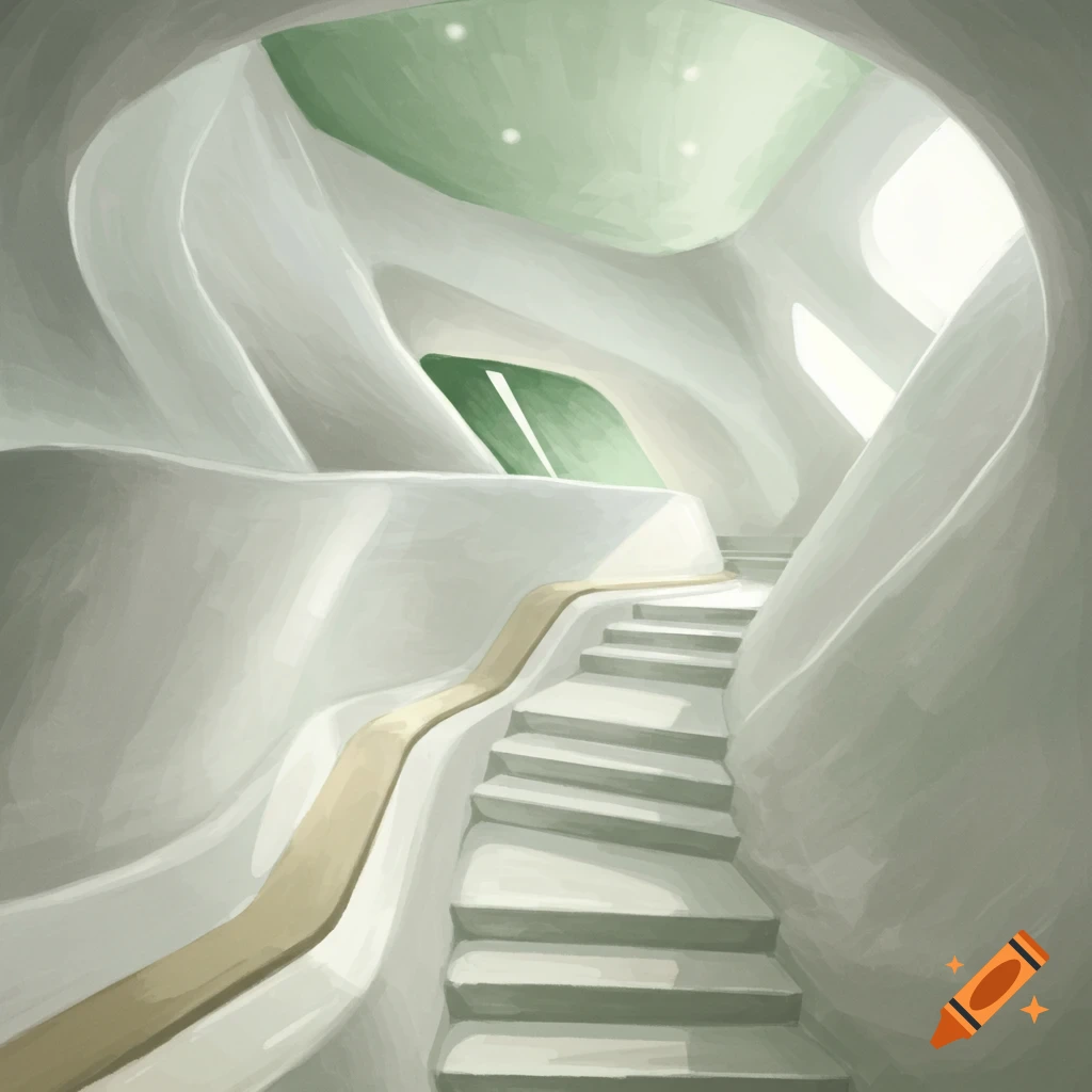 A curving white interior space with stairs and a green ceiling.