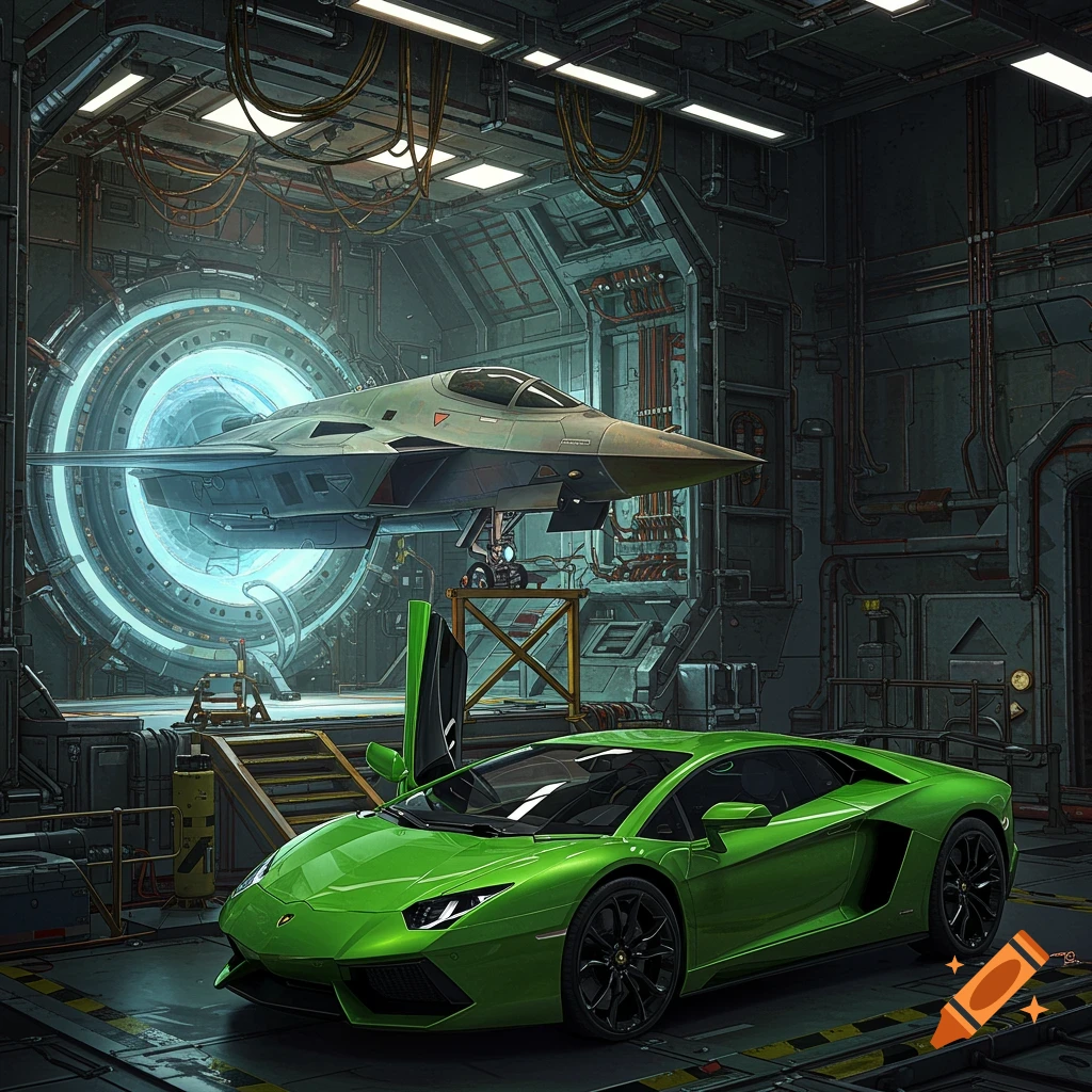 A bright green Lamborghini parked in a futuristic hangar with a jet plane hovering above.