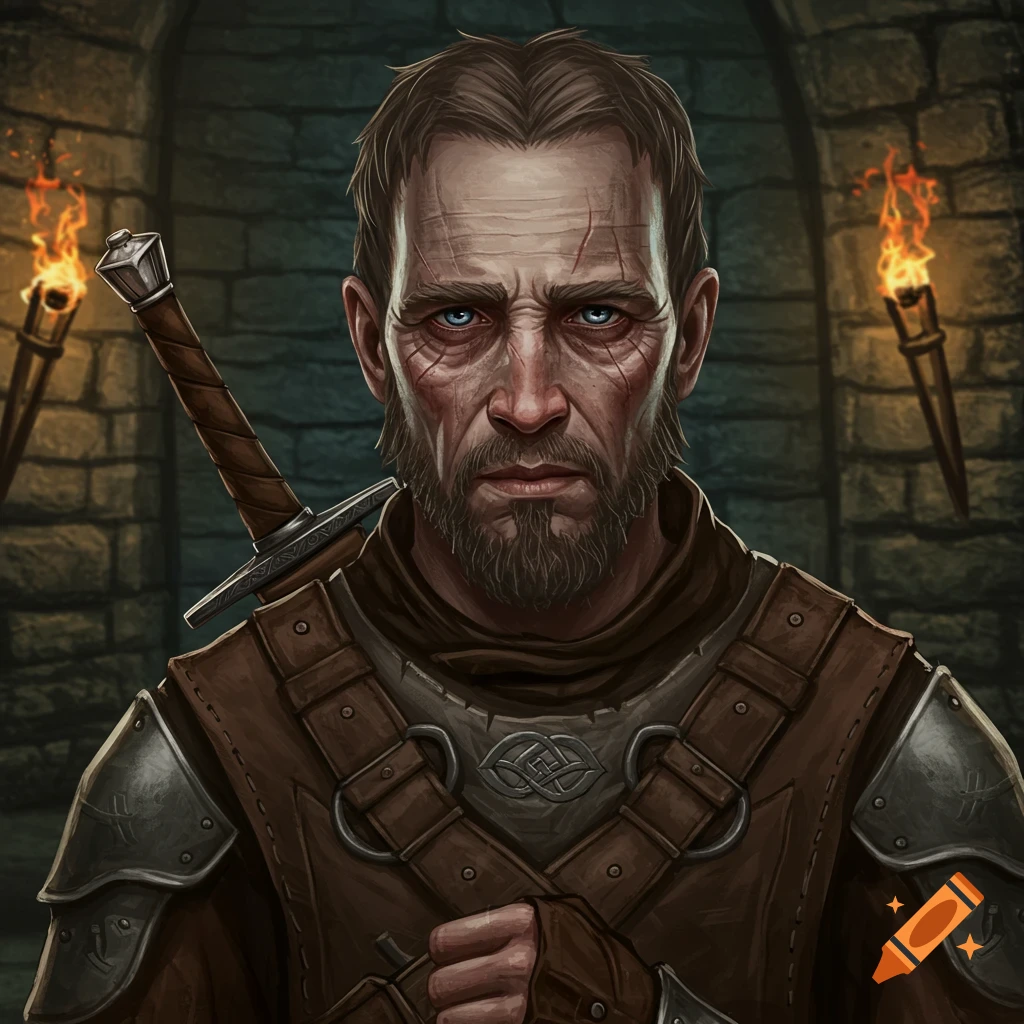 A grim man in armor with a sword on his back stands in a stone dungeon lit by torches.