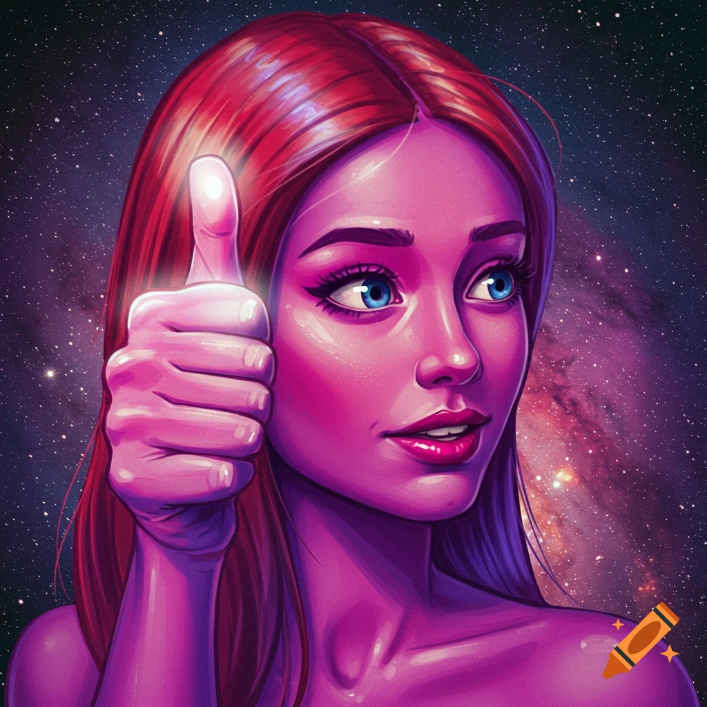 A purple-skinned woman with red hair is giving a glowing thumbs-up against a galaxy background.