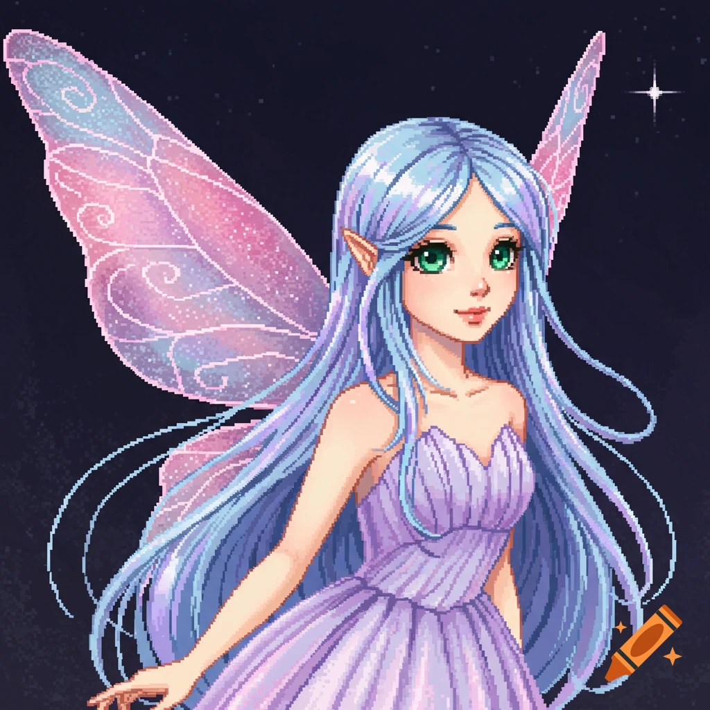 Pixel art portrait of a fairy with blue hair, green eyes, purple dress, and pink wings against a starry background.