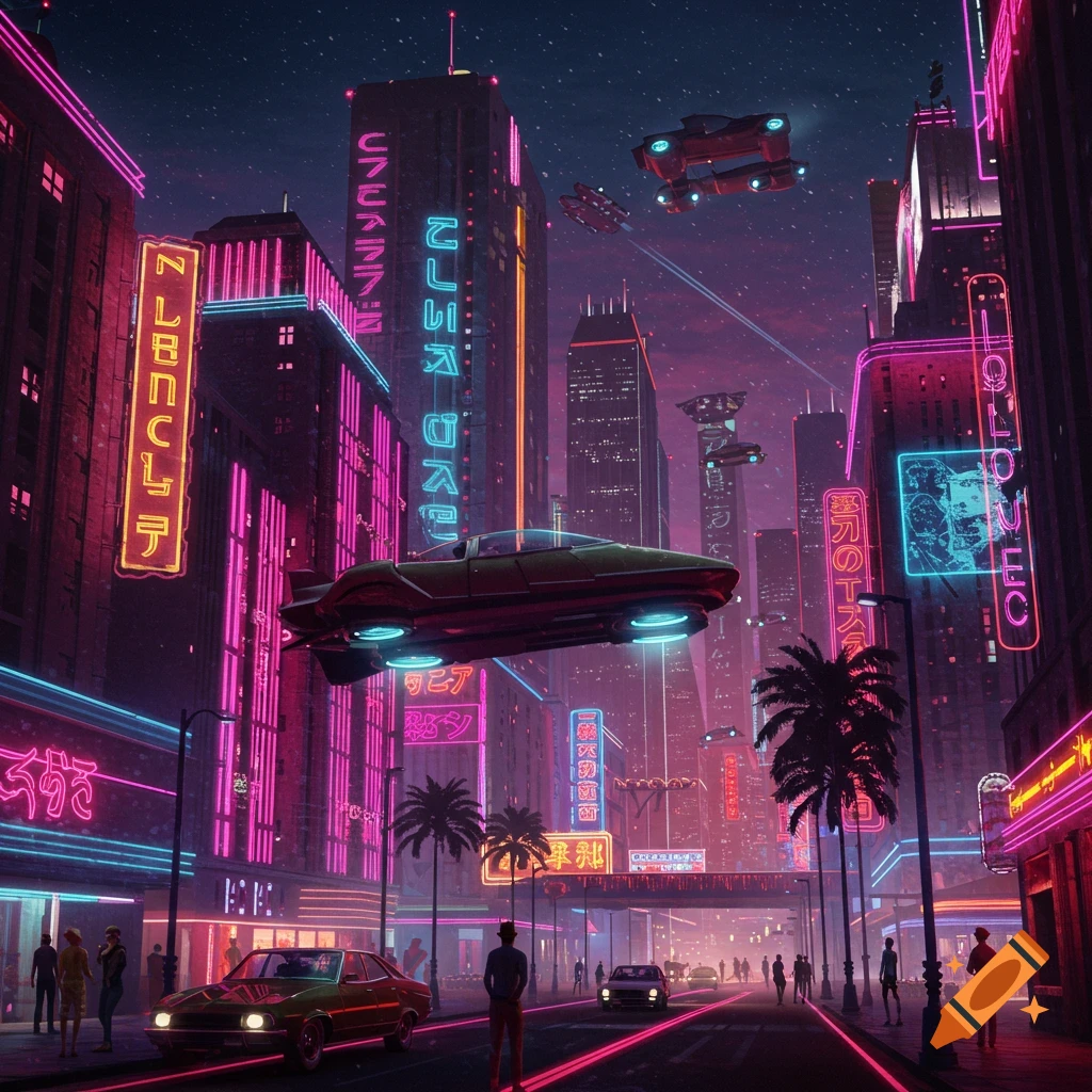 Retrofuturistic city street at night with neon signs, flying cars, and pedestrians.