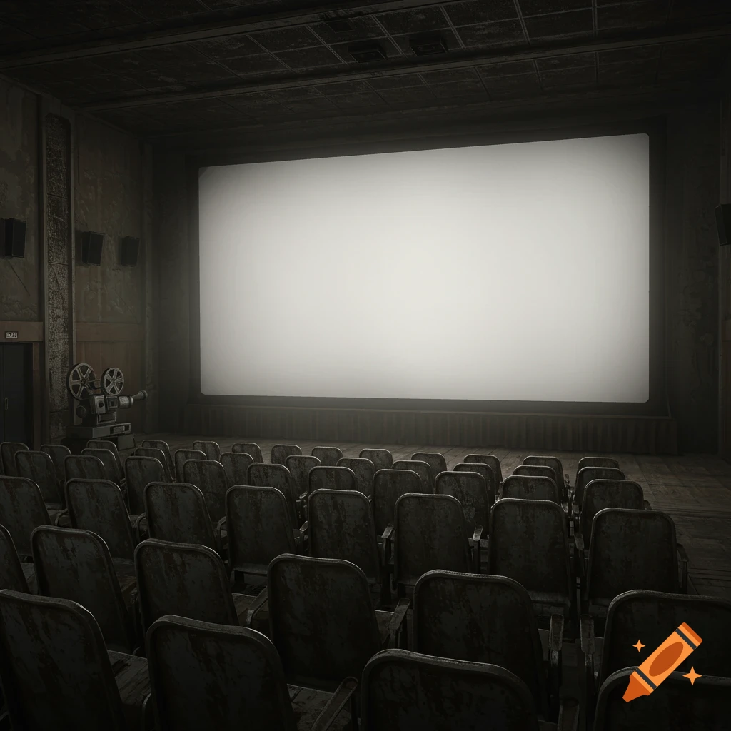 Interior of an old, dark, dystopian cinema with an empty screen and rows of seats.