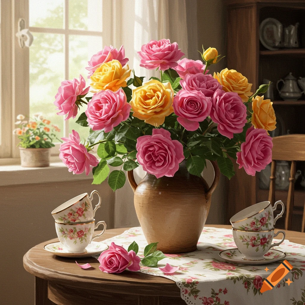 Pink and yellow roses in a vase with teacups on a table near a window