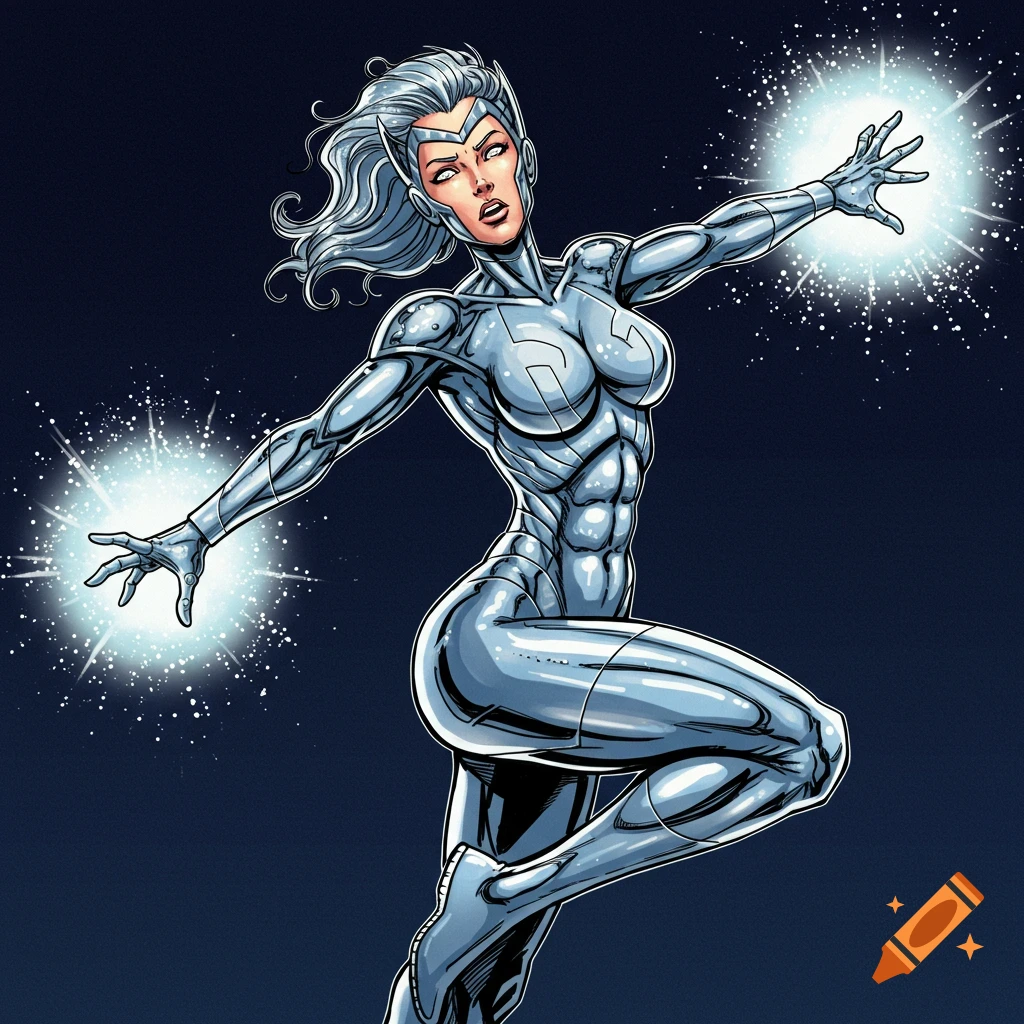 Female superhero in a silver suit casting energy blasts in comic art style.