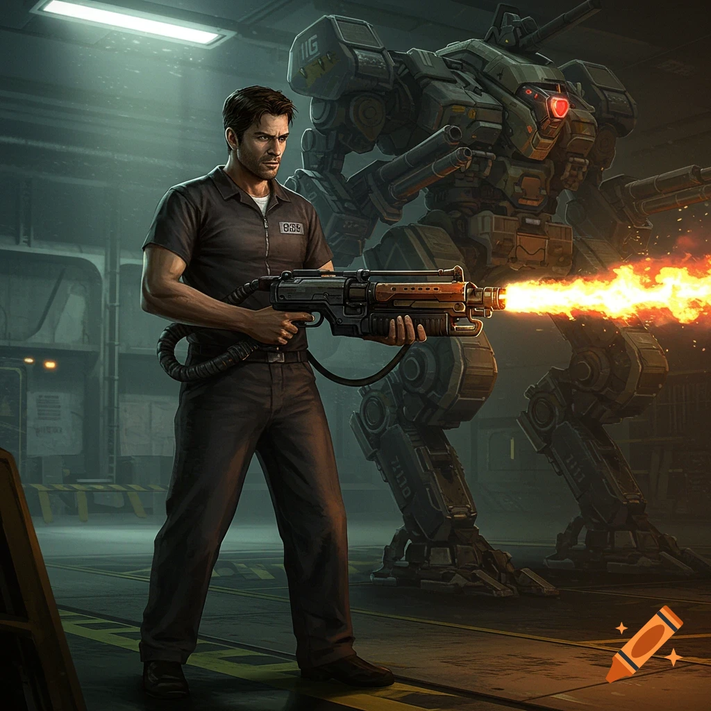 A man fires a flamethrower next to a large mech in a sci-fi hangar.