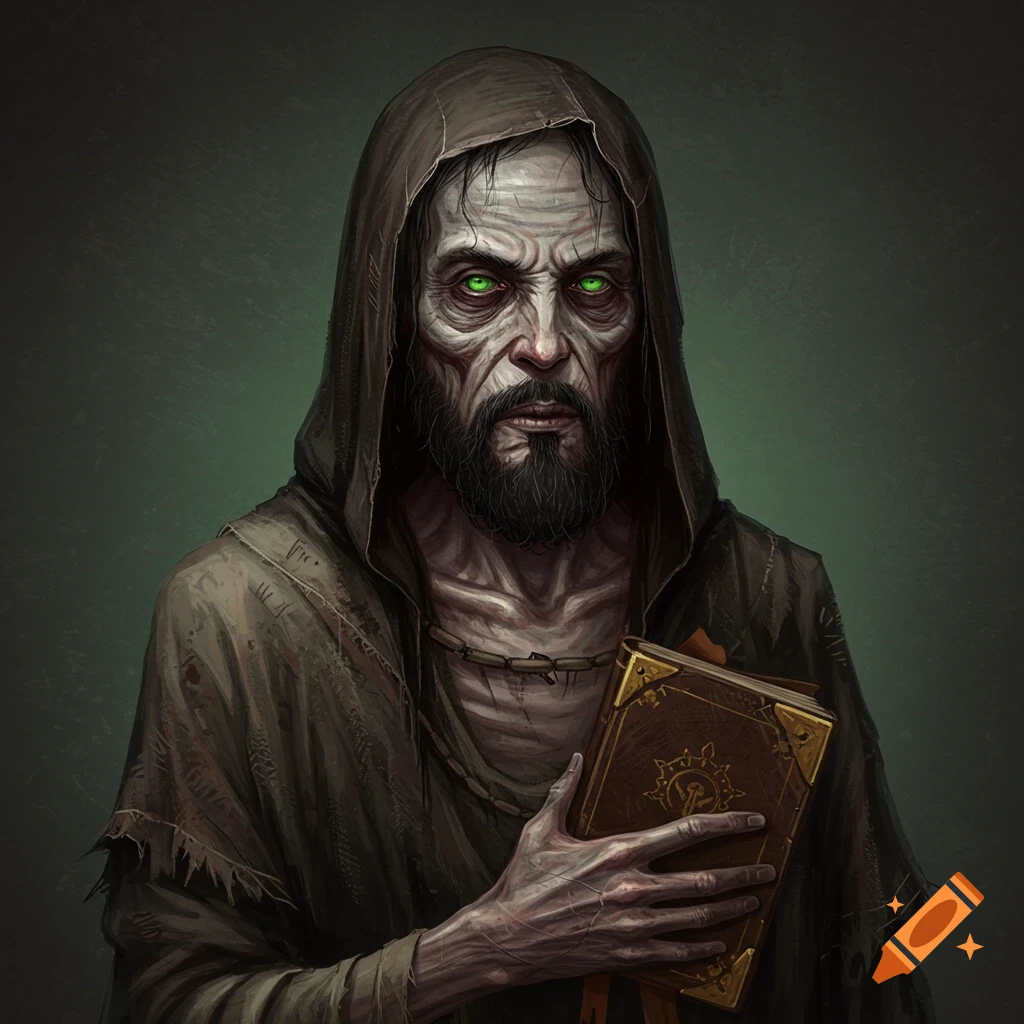 A gaunt hooded figure with green eyes holds a book