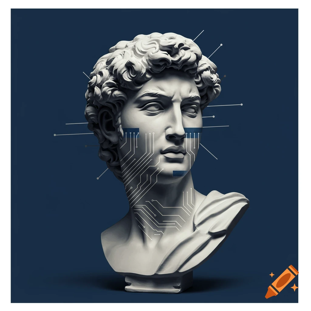 Minimalist illustration of a classical bust overlaid with modern circuit patterns on deep blue.