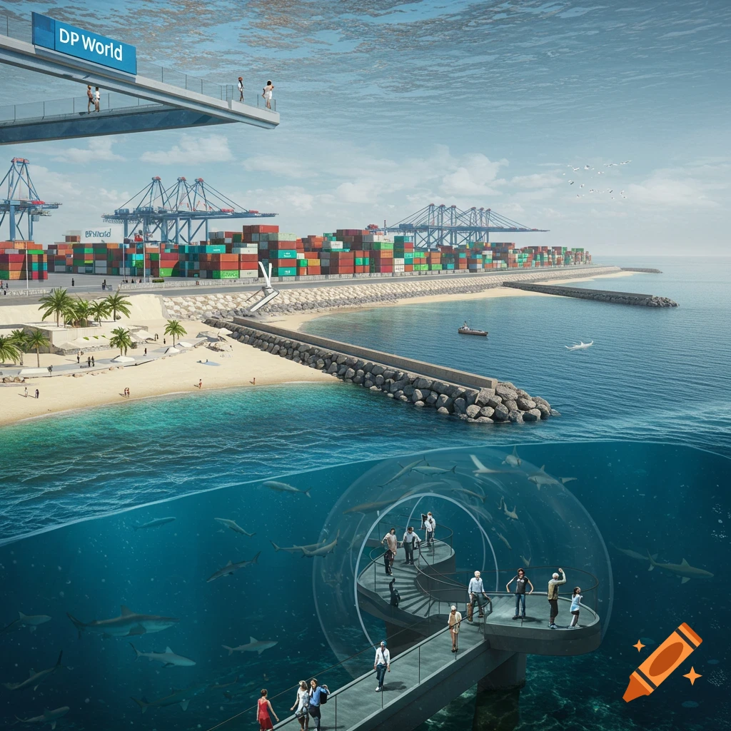 Split view of port with cranes and containers above and underwater shark tunnel with tourists below.