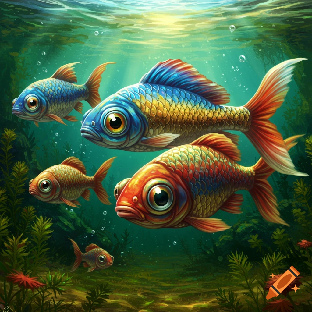 Colorful stylized fish with big eyes swim in clear water with underwater plants.