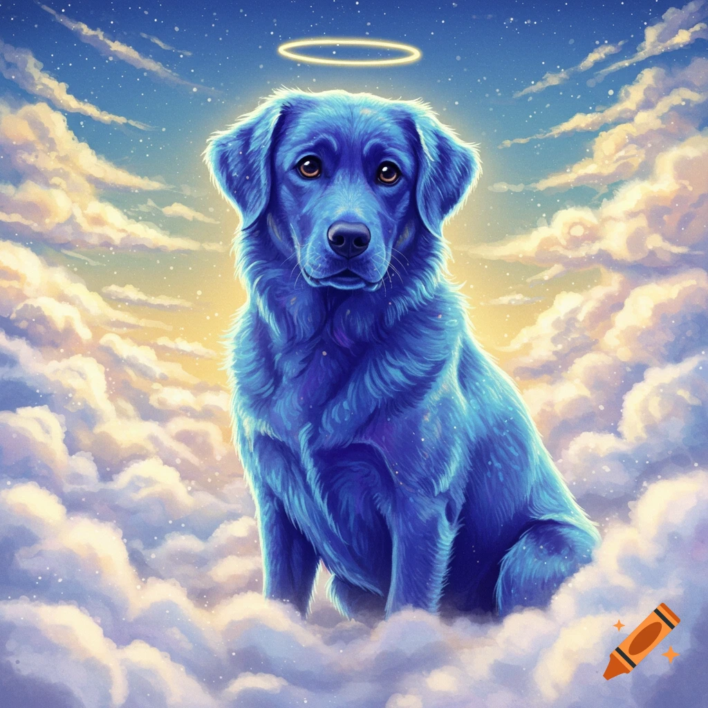 A blue dog sitting in clouds with a halo.