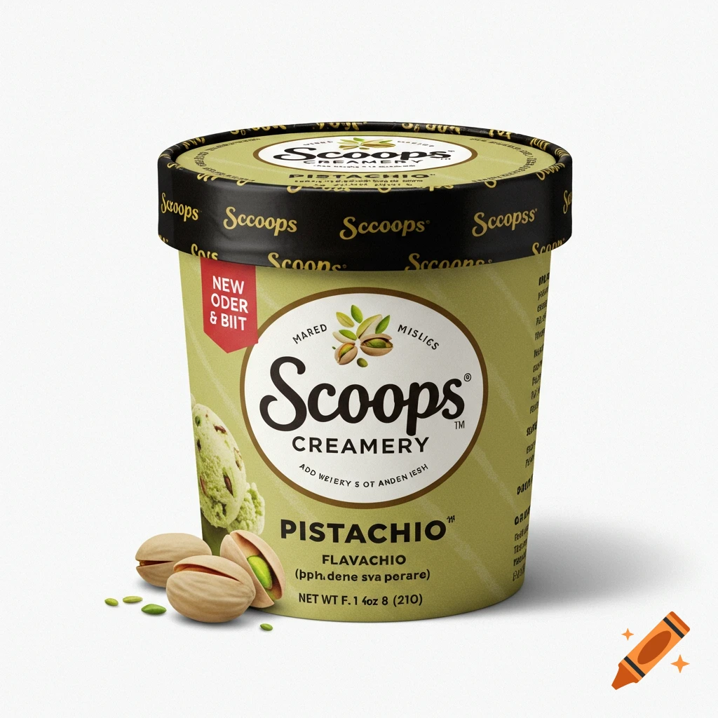 A photorealistic image of a pint of pistachio ice cream with pistachios next to it.