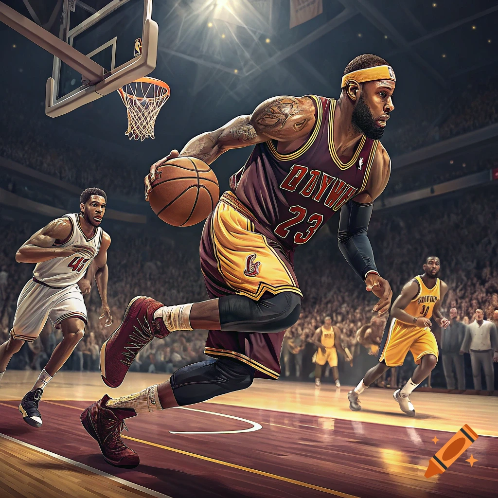 A basketball player resembling Lebron James drives past defenders toward the hoop in an arena.