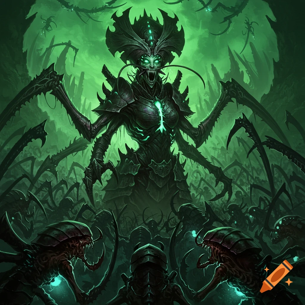 A giant insectoid queen is surrounded by her swarm in a dark, green sci-fi landscape.