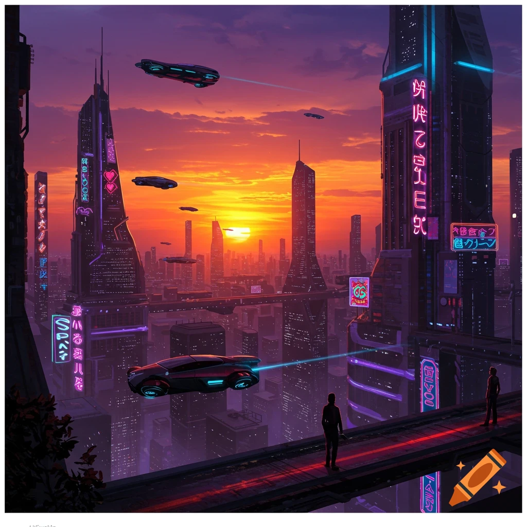 A futuristic city skyline at sunset with flying cars and neon buildings