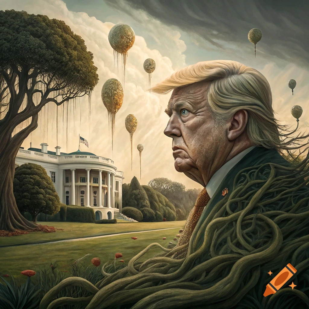 Surreal painting of Donald Trump turning into roots in front of the White House with floating spheres in the sky.