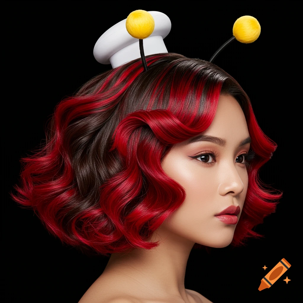 Photorealistic portrait of a woman with red and dark wavy hair, wearing a white headband with yellow balls on antennae.