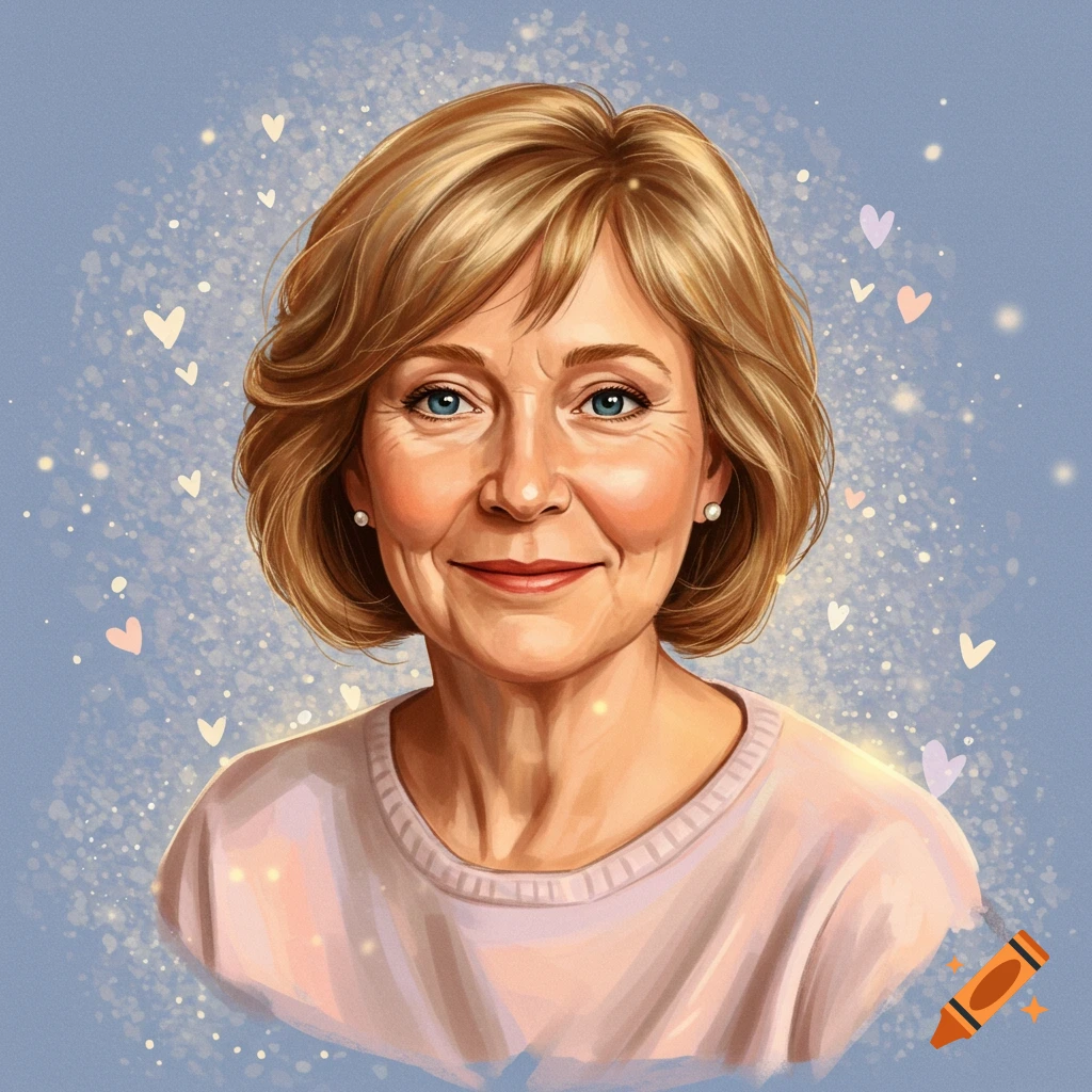 Portrait of a smiling older woman against a blue background with hearts and sparkles.