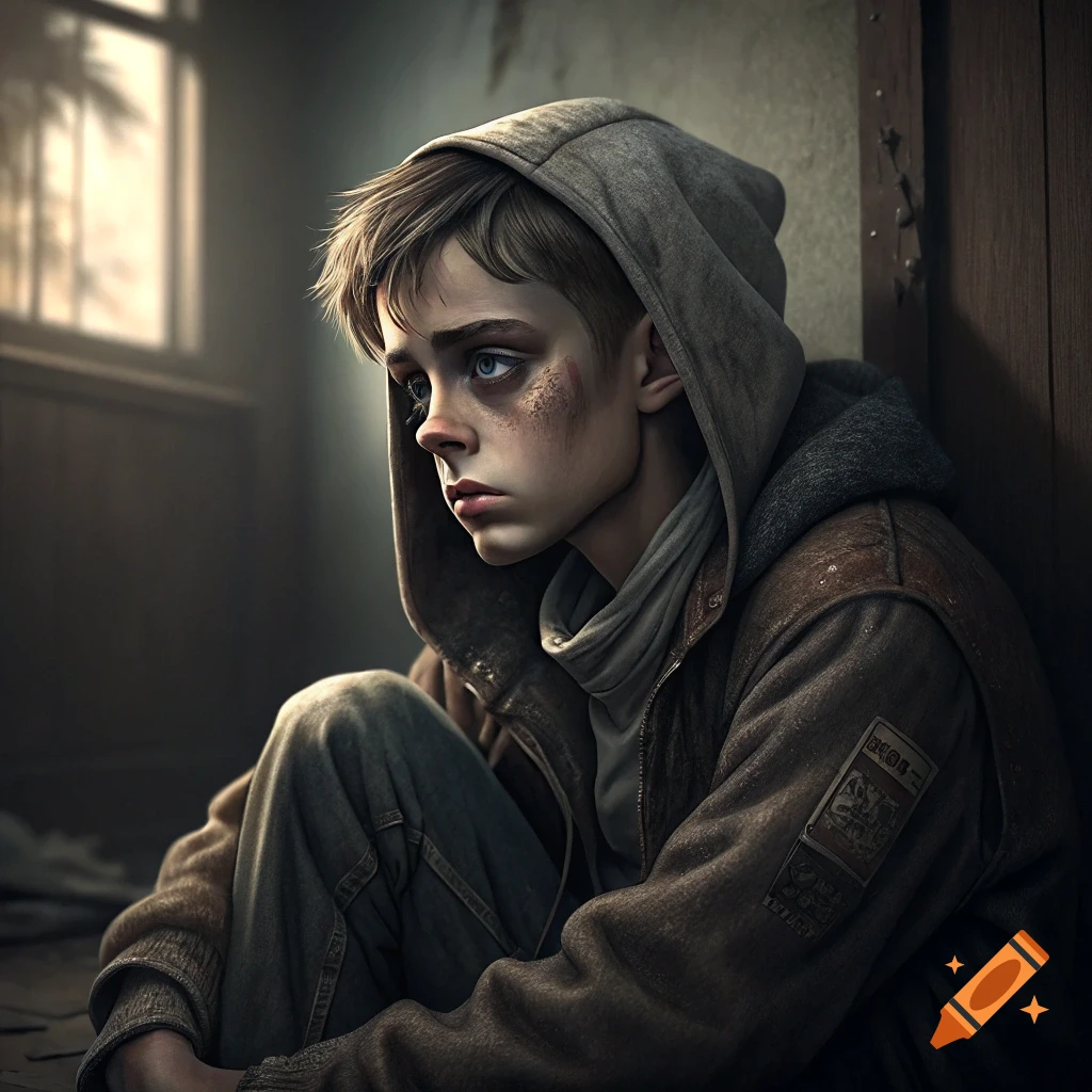 Realistic illustration of a sad young person in a hoodie sitting in a dark room.