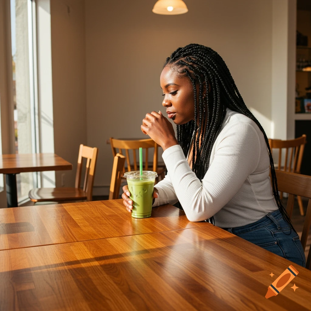 A Black woman with braids sits at a cafe table holding an iced matcha latte in sunlight.